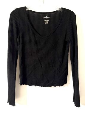 American Eagle Soft & Sexy Rib Black Long Sleeve Top Women’s Small